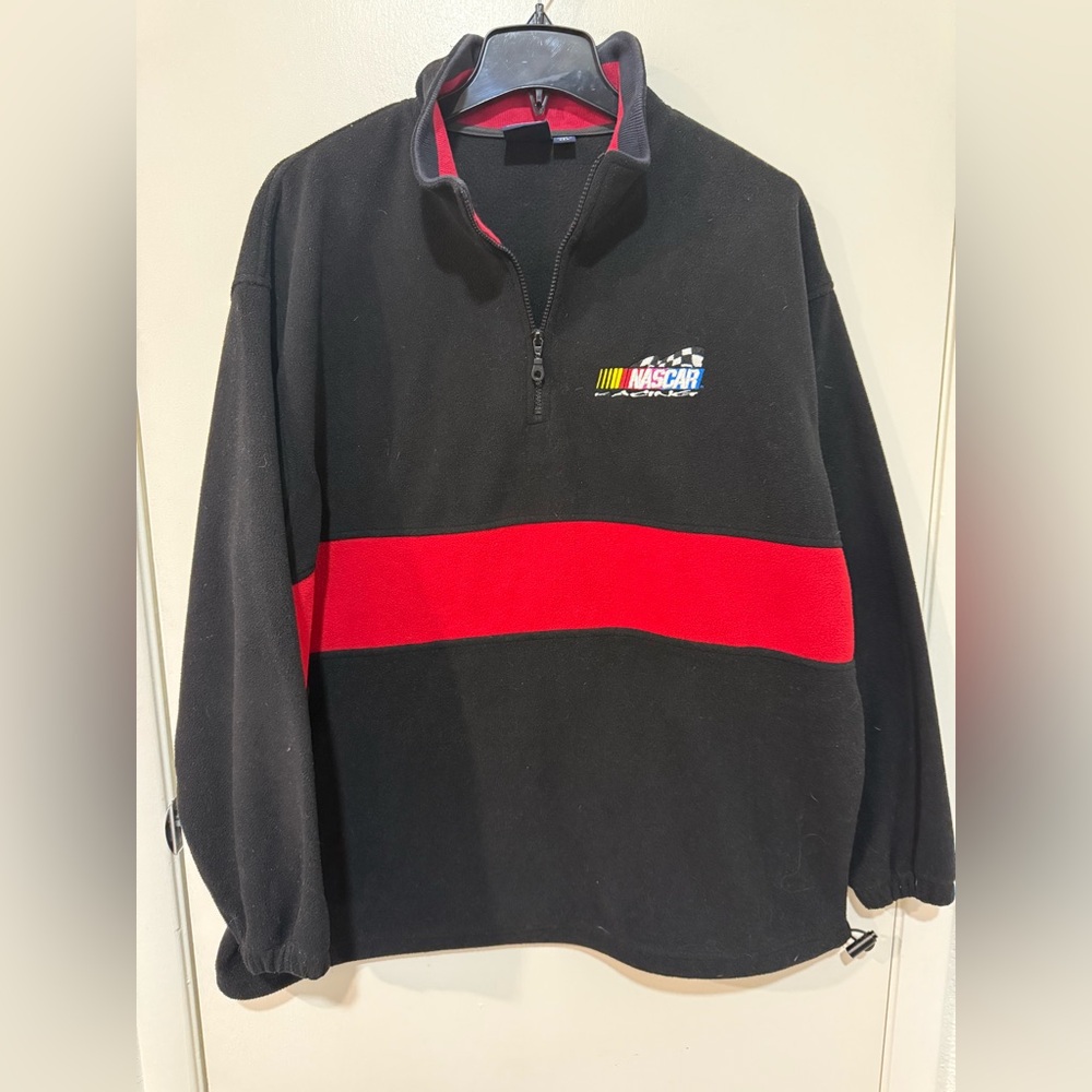 Vintage Men's Black and Red NASCAR Quarter-zip Fleece Pullover Size 2XL USA 90's